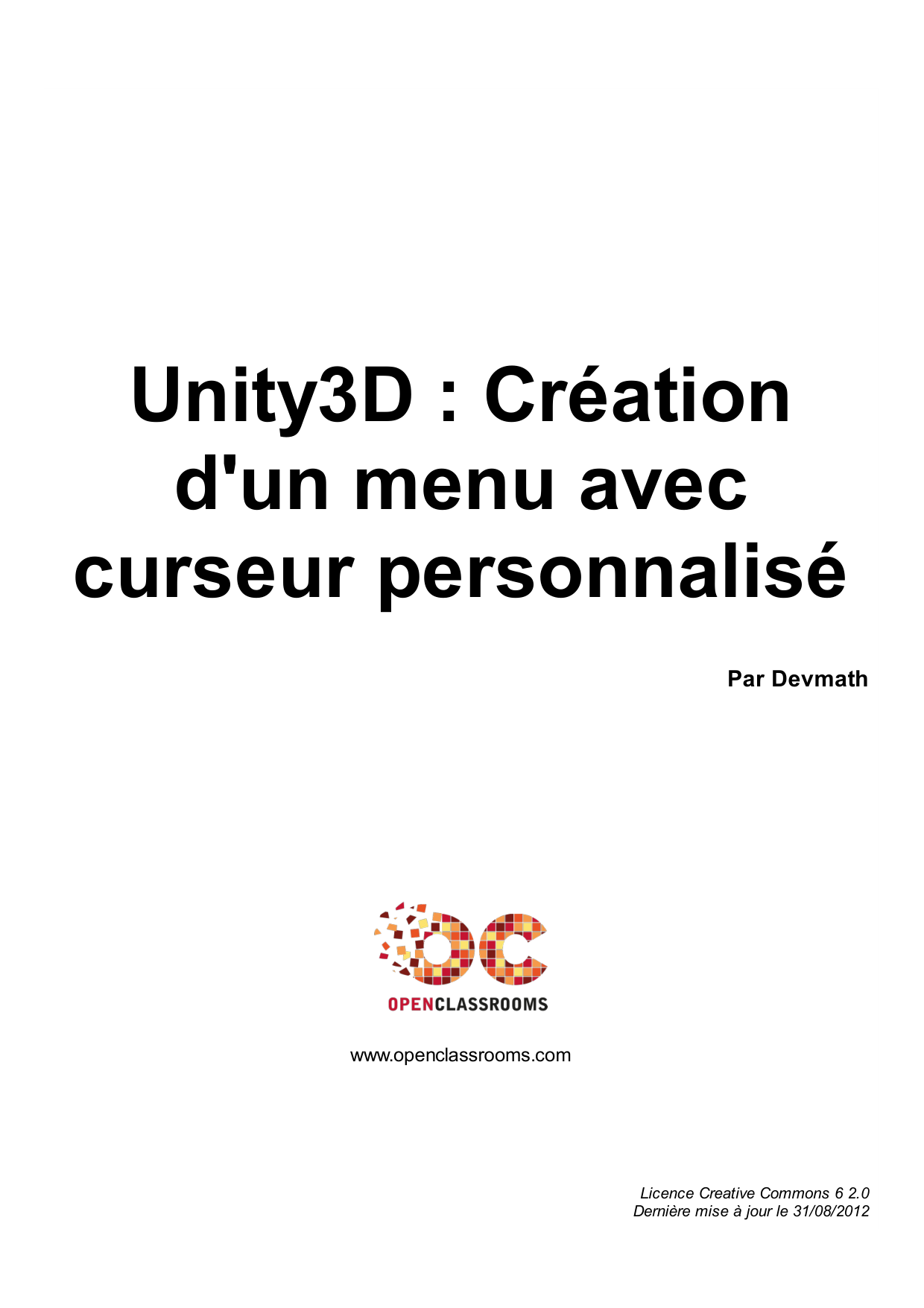 Couverture — Unity3D : Création d'un menu avec curseur personnalisé