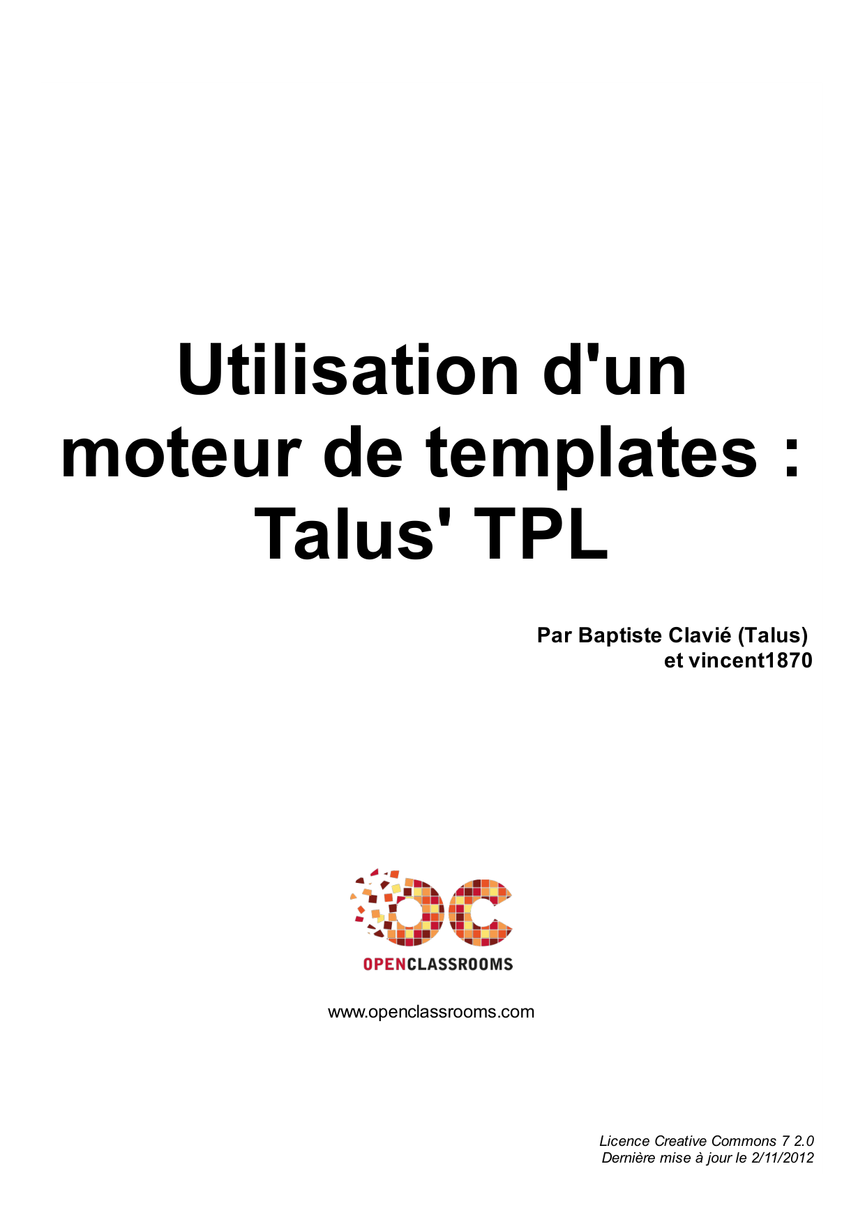 Couverture — Utilisation d'un moteur de templates : Talus' TPL